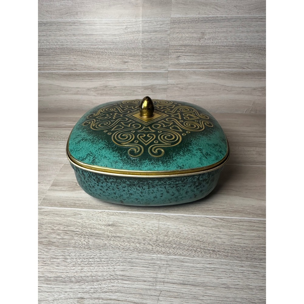 Vintage Western Germany Metal Tin Box Teal Gold Filigree Embossed Good Condition